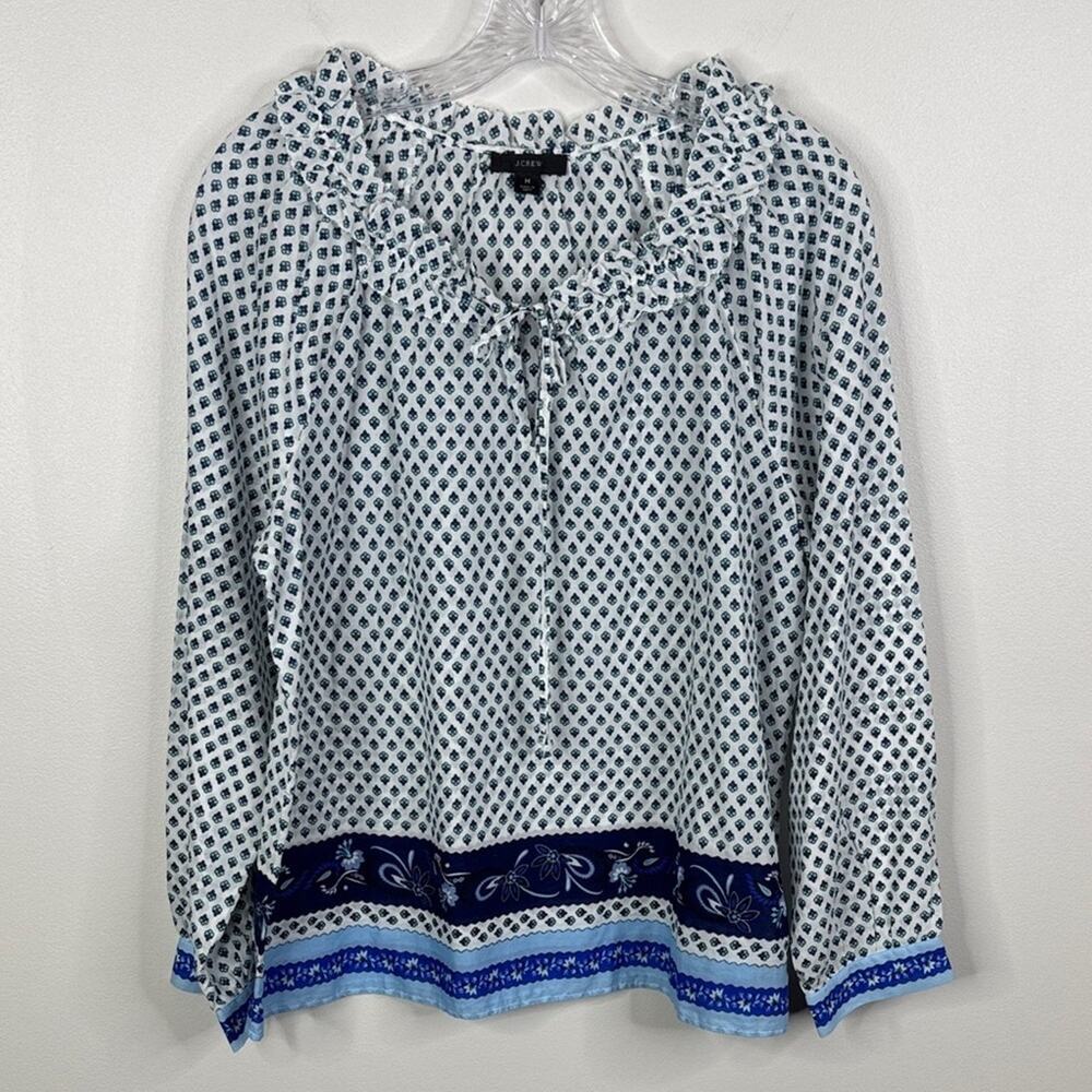 J. Crew Women’s Medium Navy Blue White Floral Ruffle Tie Neck Top Blouse M